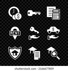 Set Time is money, House key, Calculator, with shield, contract, Search house, Location and  icon. Vector