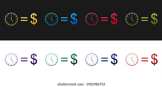 Set Time is money icon isolated on black and white background. Money is time. Effective time management. Convert time to money. Vector.