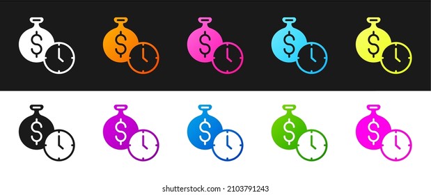 Set Time is money icon isolated on black and white background. Money is time. Effective time management. Convert time to money.  Vector