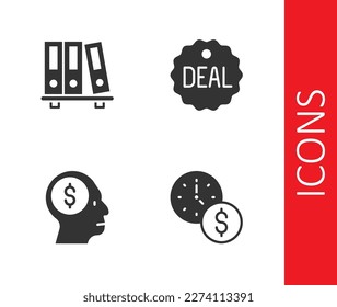 Set Time is money, Office folders, Business man planning mind and Deal icon. Vector