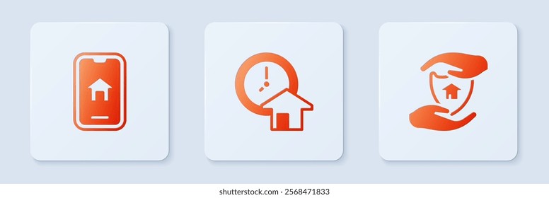 Set Time is money, Online real estate and House with shield. White square button. Vector