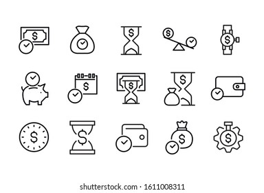 Set of time is money related vector line icons. Premium linear symbols pack. Vector illustration isolated on a white background. Web symbols for web sites and mobile app. Trendy design. 