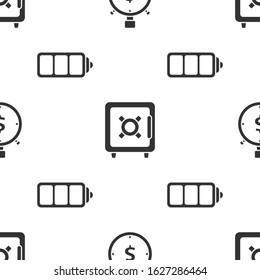 Set Time is money, Safe and Battery charge level indicator on seamless pattern. Vector