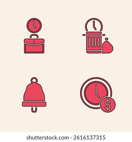 Set Time is money, Work time, Waste of and Ringing bell icon. Vector