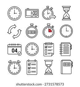 Conjunto de ícones de tempo e organização incluindo relógios Calendários e relógios de pulso