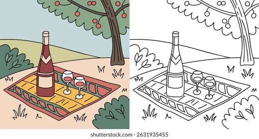 Zeit für ein Picknick, Natur, Erholung im Freien, Weingläser und Flasche Wein, Vektorgrafik mit der Sommerzeit