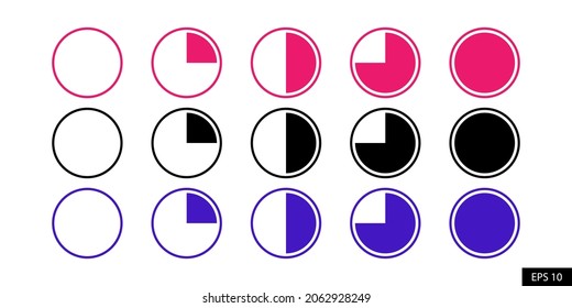 Set of time progression icons. Symbols of time loading indicator 0, 15, 30, 45 minutes, hour isolated on white background. EPS 10 vector illustration.