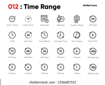 Set of Time Range Line Unified Icons. Includes Calendar, Meeting, Time Lapse, Clock Face and other. Pixel Perfect. Editable Stroke.