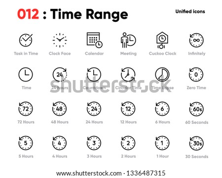 Set of Time Range Line Unified Icons. Includes Calendar, Meeting, Time Lapse, Clock Face and other. Pixel Perfect. Editable Stroke.