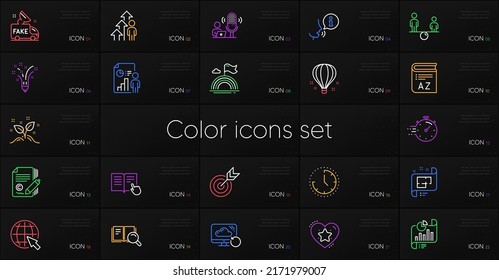 Set of Time, Ranking star and Fake news line icons. Include Employee result, Equity, Lgbt icons. Report document, Read instruction, Architectural plan web elements. Air balloon, Internet. Vector