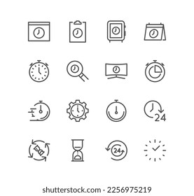 Set of time related icons, timer, speed, alarm, restore, time management, calendar and linear variety vectors.