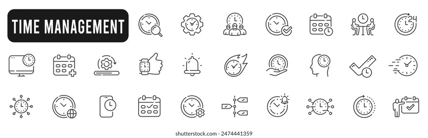 Set of time related line icons. Management, clock, calendar, date, alarm etc.