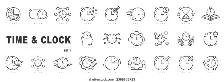 Set of time related line icons. Clock, watch, calendar, timer etc. Editable stroke. Set 3