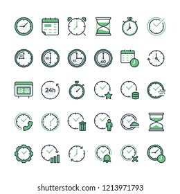 Set of time related vector line icons. Time and clock icons, flat design. Filled outline time icon