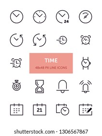 Set of Time related vector line icons. Contains icons such as Clock, Alarm, Watch, Calendar and more. 48x48px with editable stroke. 