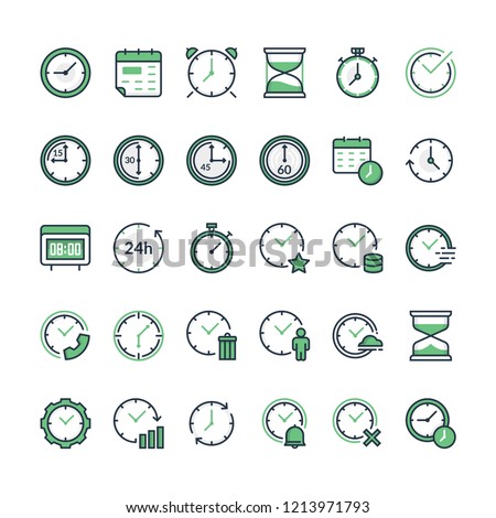 Set of time related vector line icons. Time and clock icons, flat design. Filled outline time icon