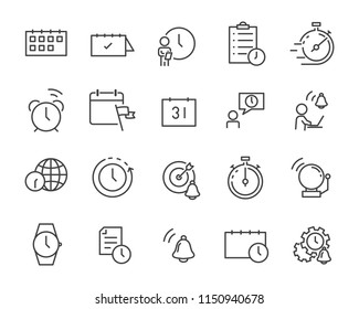 set of time relation vector line icon, such as calendar, reminder, day, year, event