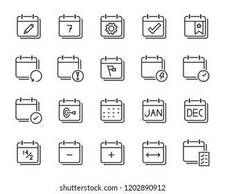 set of time relation vector line icon, such as calendar, reminder, day, year 2019, event