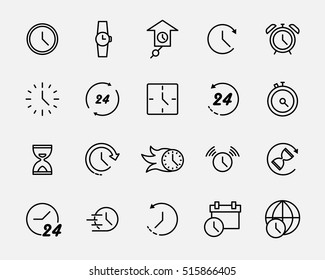 Set of Time Simple Vector Line Icons. Contains such Icons as Timer, Speed, Alarm, Restore, Time Management, Calendar and more. Editable Stroke. Vector Illustration on a White Background. 