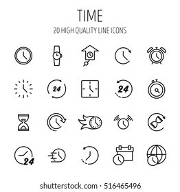 Set of Time Simple Vector Line Icons. Contains such Icons as Timer, Speed, Alarm, Restore, Time Management, Calendar and more. Editable Stroke. Vector Illustration on a White Background. 