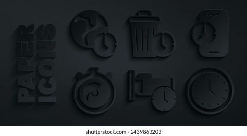 Set Time to sleep, Alarm clock app mobile, Stopwatch, Clock, Waste of time and World icon. Vector