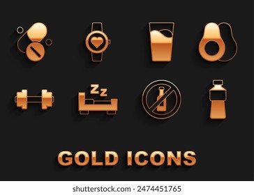 Set Time to sleep, Avocado fruit, Bottle of water, No alcohol, Dumbbell, Glass with, Vitamin pill and Smart watch icon. Vector