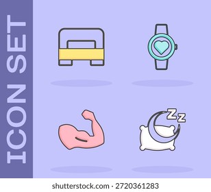 Zeit zum Schlafen einstellen, Großes Bett, Bodybuilder Muskel und Smart Uhr Symbol. Vektorgrafik