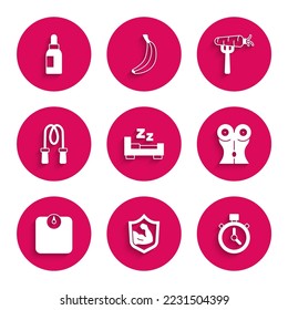 Set Time to sleep, Bodybuilder muscle, Stopwatch, Women waist, Bathroom scales, Jump rope, Carrot on fork and Essential oil bottle icon. Vector