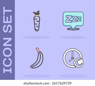 Set Time to sleep, Carrot, Banana and Sleepy icon. Vector