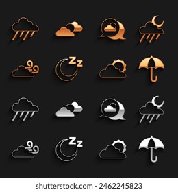 Set Time to sleep, Cloud with rain and moon, Umbrella, Sun cloud weather, Windy, Location,  and  icon. Vector