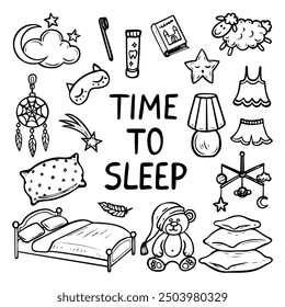 Set of time to sleep hand drawn doodle. Bedroom items. Bed, pillow, night light, pajamas. Good night. Vector outline line art illustration.