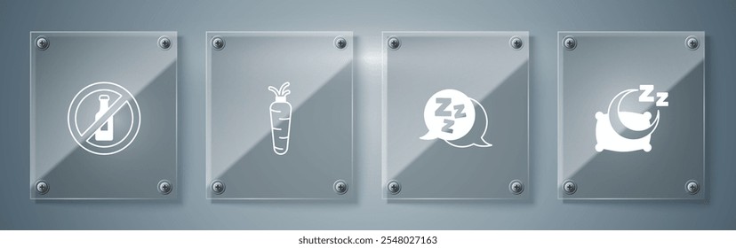 Set Time to sleep, Sleepy, Carrot and No alcohol. Square glass panels. Vector