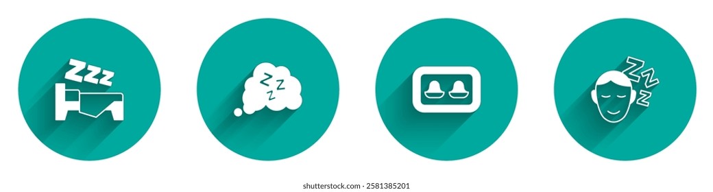 Set Time to sleep, Sleepy, Earplugs with storage box and Dreams icon with long shadow. Vector