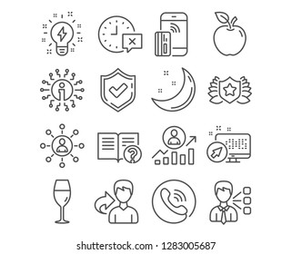 Set of Time, Third party and Networking icons. Laureate, Wineglass and Help signs. Career ladder, Contactless payment and Inspiration symbols. Remove alarm, Team leader, Business communication