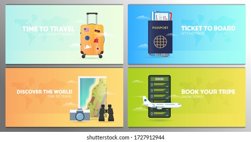 Set of Time to travel banners with bag, passport, tickets, map, camera and smartphone. Vacation. Road trip. Tourism. Journey. Travelling illustration. Modern flat design