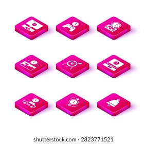 Set Time to travel, Clock with arrow, Vacation time, Target sport, Ringing bell, Monitor, is money and Gamepad of icon. Vector