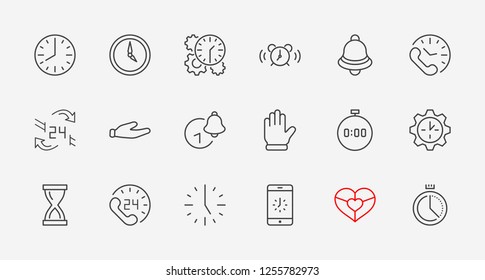 Set of Time Vector Line Icons. Contains such Icons as Timer, Speed, Alarm, Restore, Time Management and more. Editable Stroke. 32x32 Pixel Perfect