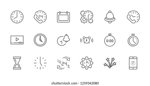 Set of Time Vector Line Icons. Contains such Icons as Timer, Speed, Alarm, Restore, Time Management and more. Editable Stroke. 32x32 Pixel Perfect