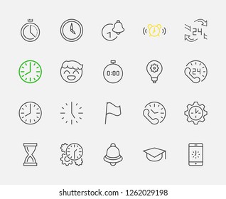 Set of Time Vector Line Icons. Contains such Icons as Timer, Speed, Alarm, Restore, Time Management and more. Editable Stroke. 32x32 Pixel Perfect