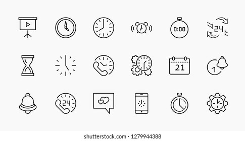 Set of Time Vector Line Icons. Contains such Icons as Timer, Speed, Alarm, Restore, Time Management and more. Editable Stroke. 32x32 Pixel Perfect