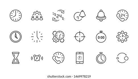 Set of Time Vector Line Icons. Contains such Icons as Timer, Speed, Alarm, Restore, Time Management and more. Editable Stroke. 32x32 Pixel Perfect