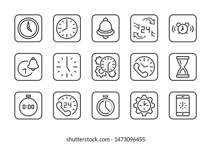 Set of Time Vector Line Icons. Contains such Icons as Timer, Speed, Alarm, Restore, Time Management and more. Editable Stroke. 32x32 Pixel Perfect
