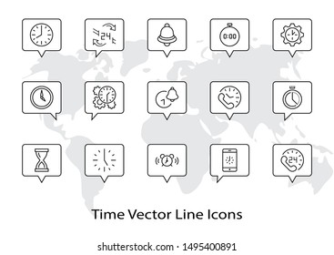 Set of Time Vector Line Icons. Contains such Icons as Timer, Speed, Alarm, Restore, Time Management and more. Editable Stroke. 32x32 Pixel Perfect