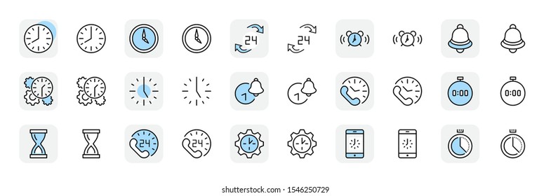 Set of Time Vector Line Icons. Contains such Icons as Timer, Speed, Alarm, Restore, Time Management and more. Editable Stroke. 32x32 Pixel Perfect