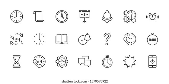 Set of Time Vector Line Icons. Contains such Icons as Timer, Speed, Alarm, Restore, Time Management and more. Editable Stroke. 32x32 Pixel Perfect