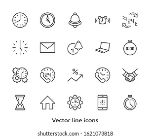 Set of Time Vector Line Icons. Contains such Icons as Timer, Speed, Alarm, Restore, Time Management and more. Editable Stroke. 32x32 Pixels