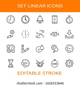 Juego de iconos de línea de vectores de tiempo. Contiene iconos como Timer, Speed, Alarm, Restore, Time Management y más. Trazo editable. 32 x 32 píxeles
