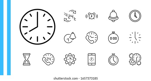 Juego de iconos de línea de vectores de tiempo. Contiene iconos como Timer, Speed, Alarm, Restore, Time Management y más. Trazo editable. 32 x 32 píxeles