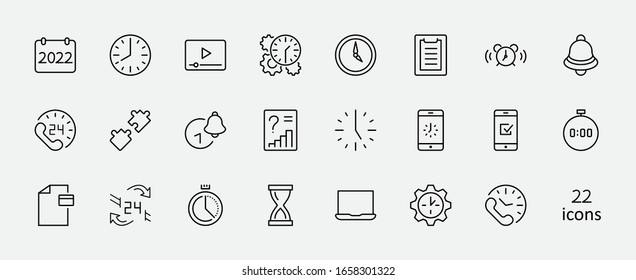 Juego de iconos de línea de vectores de tiempo. Contiene iconos como Timer, Speed, Alarm, Restore, Time Management y más. Trazo editable. 32 x 32 píxeles
