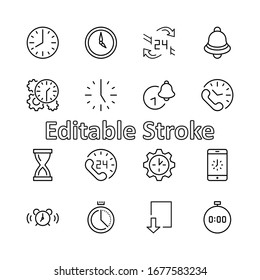 Set of Time Vector Line Icons. Contains such Icons as Timer, Speed, Alarm, Restore, Time Management and more. Editable Stroke. 32x32 Pixels